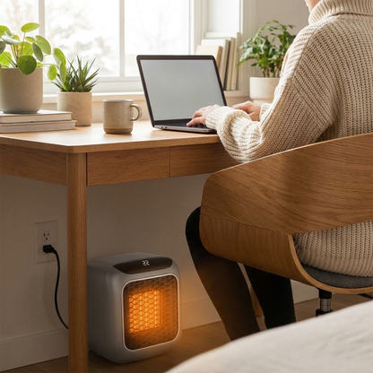 Plug-in electric heater warming home office