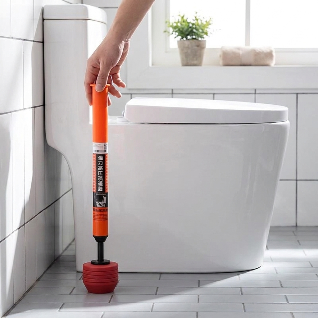 High-pressure toilet plunger beside modern toilet in bright bathroom