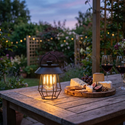 Wireless outdoor table lamp at dusk on patio