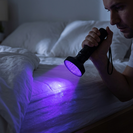 UV flashlight inspecting mattress for bed bugs