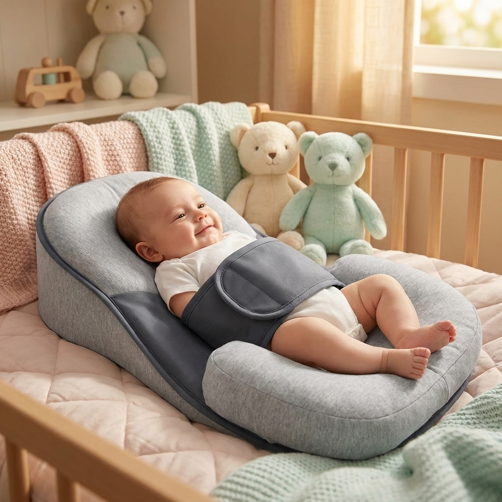 Anti-spit-up infant pillow with peaceful baby in cozy nursery bed