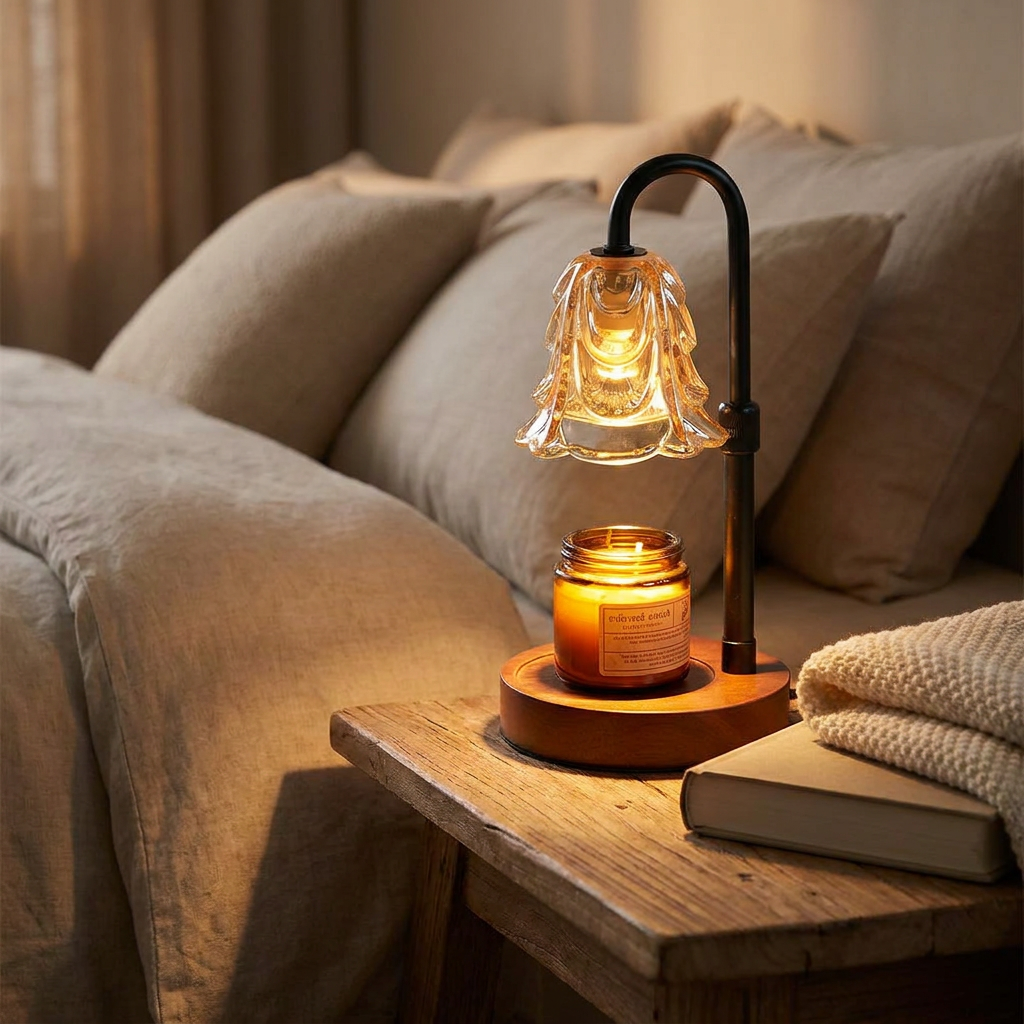 Flower candle warmer lamp glowing on a cozy nightstand