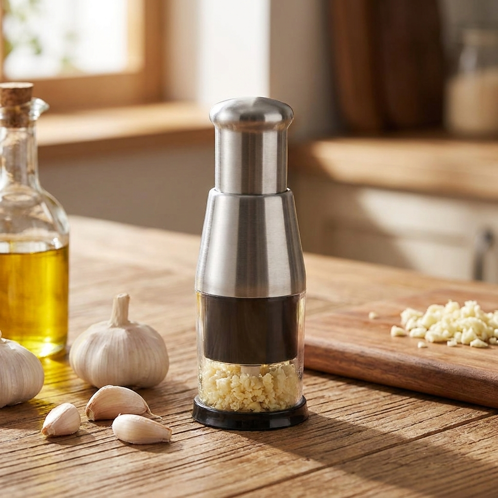 Garlic chopper on rustic kitchen counter