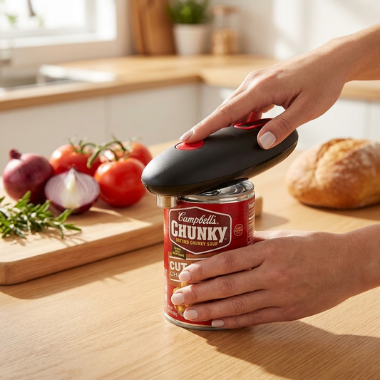 Automatic can opener opening soup can on modern kitchen countertop