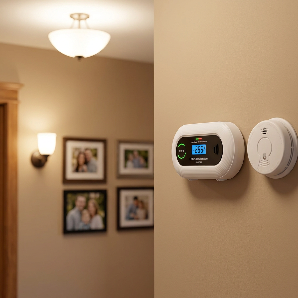 Carbon monoxide detector mounted in hallway