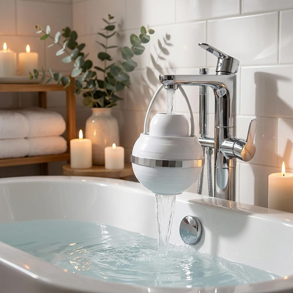 Bath filter on tub faucet spa scene
