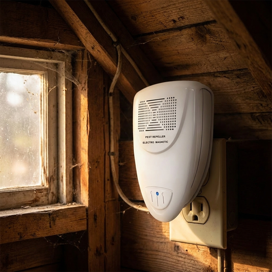 Ultrasonic bat repellent plugged into outlet in wooden attic space