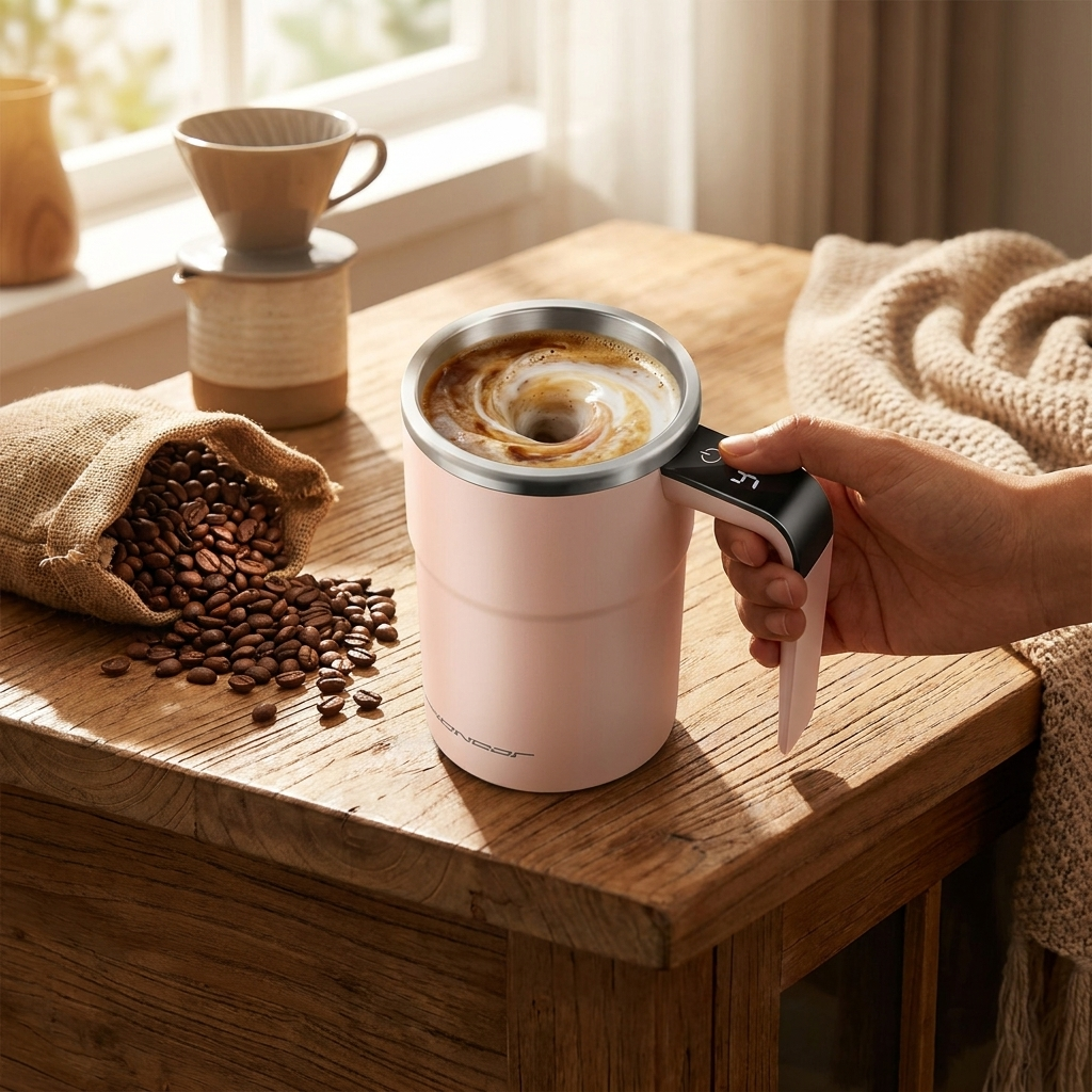 Self-stirring mug in cozy morning kitchen