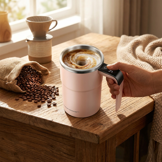 Self-stirring mug in cozy morning kitchen