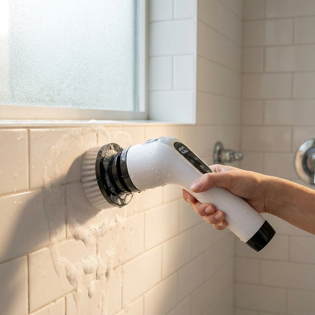 Electric scrubber cleaning shower tiles