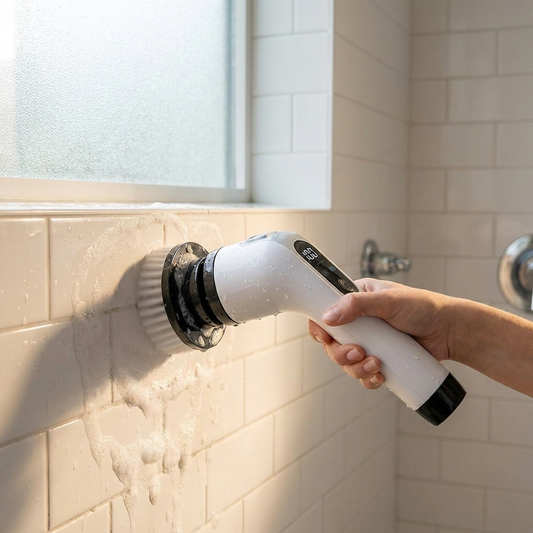 Electric scrubber cleaning shower tiles