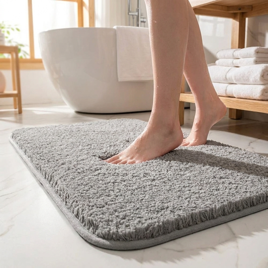 Super thick luxury bathroom rug with bare feet on spa-like bathroom floor