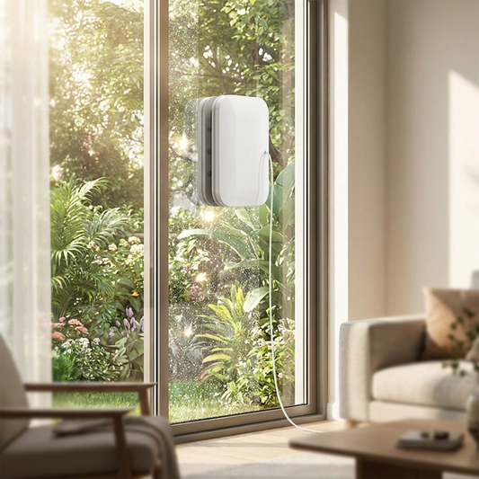Magnetic window cleaner in use on living room window
