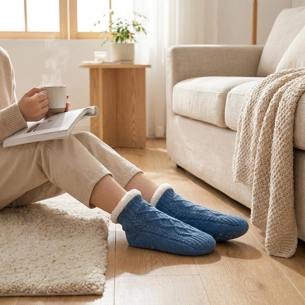 Thermal grip socks worn on cozy morning at home