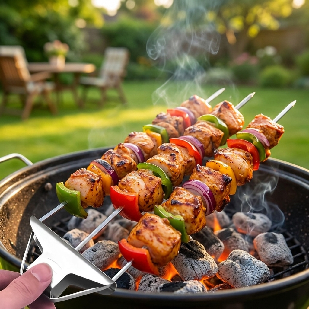 Three prong skewers over backyard grill