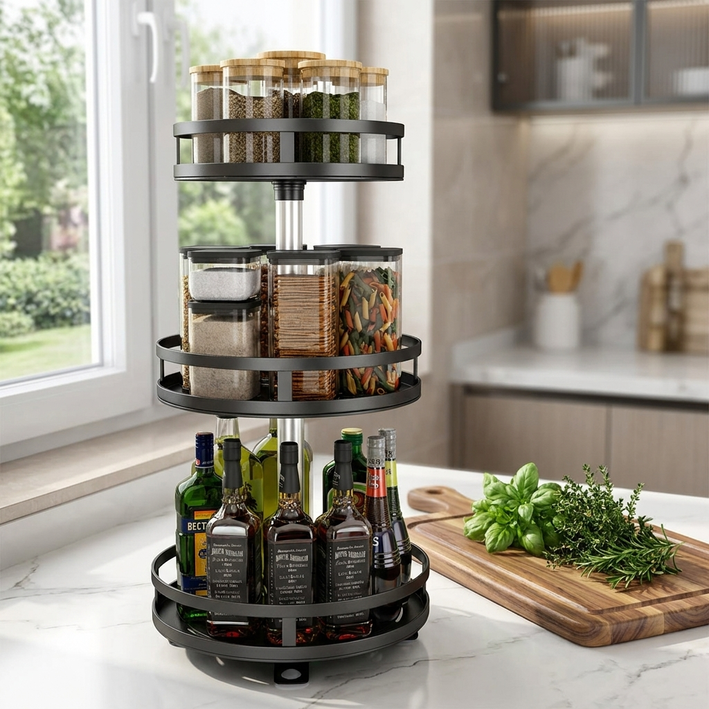 3-tier swivel metal organizer on modern kitchen counter