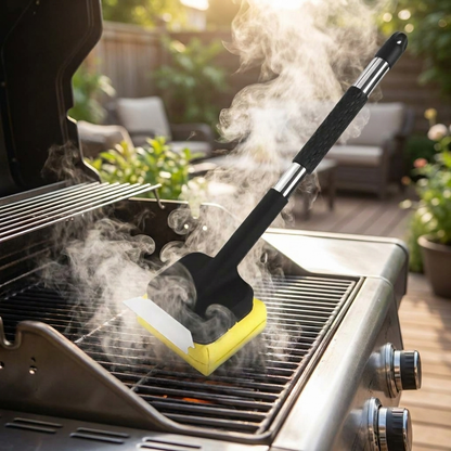 Steam cleaning grill brush scrubbing hot barbecue grate in backyard