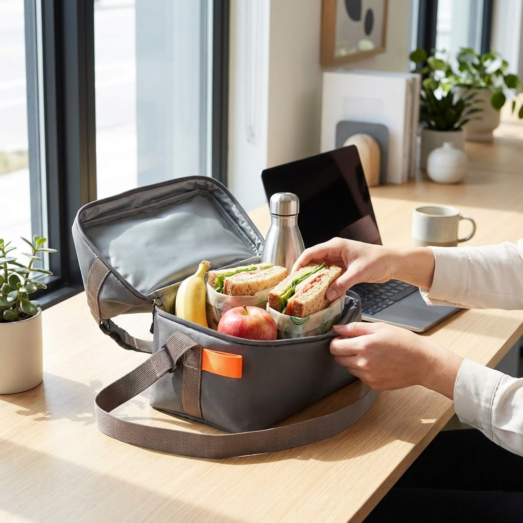 Insulated lunch bag open on office desk