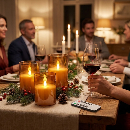 Flameless candles at candlelit dinner table