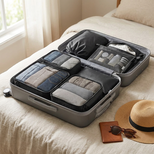 7-piece packing cubes organized in a travel suitcase