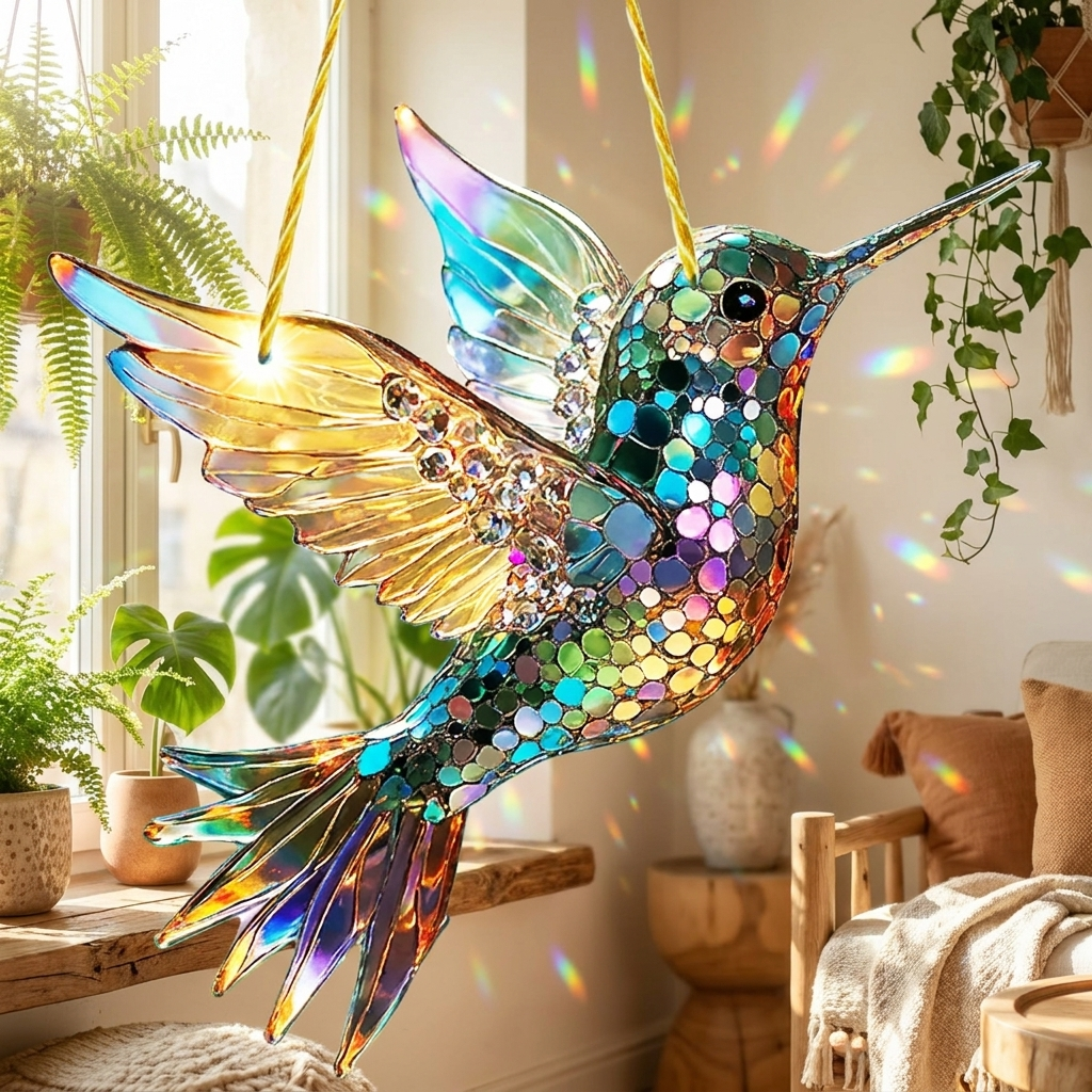 Hummingbird suncatcher hanging in sunlit window with rainbow reflections