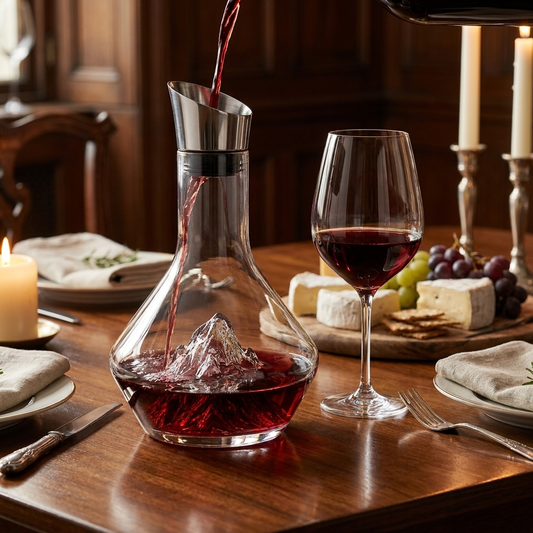 Crystal glass wine decanter aerator on dining table