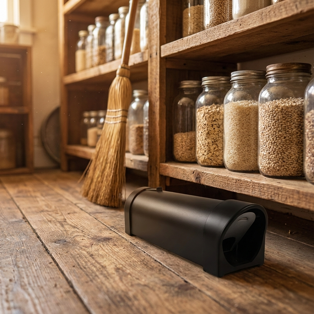 Humane mouse trap in rustic pantry