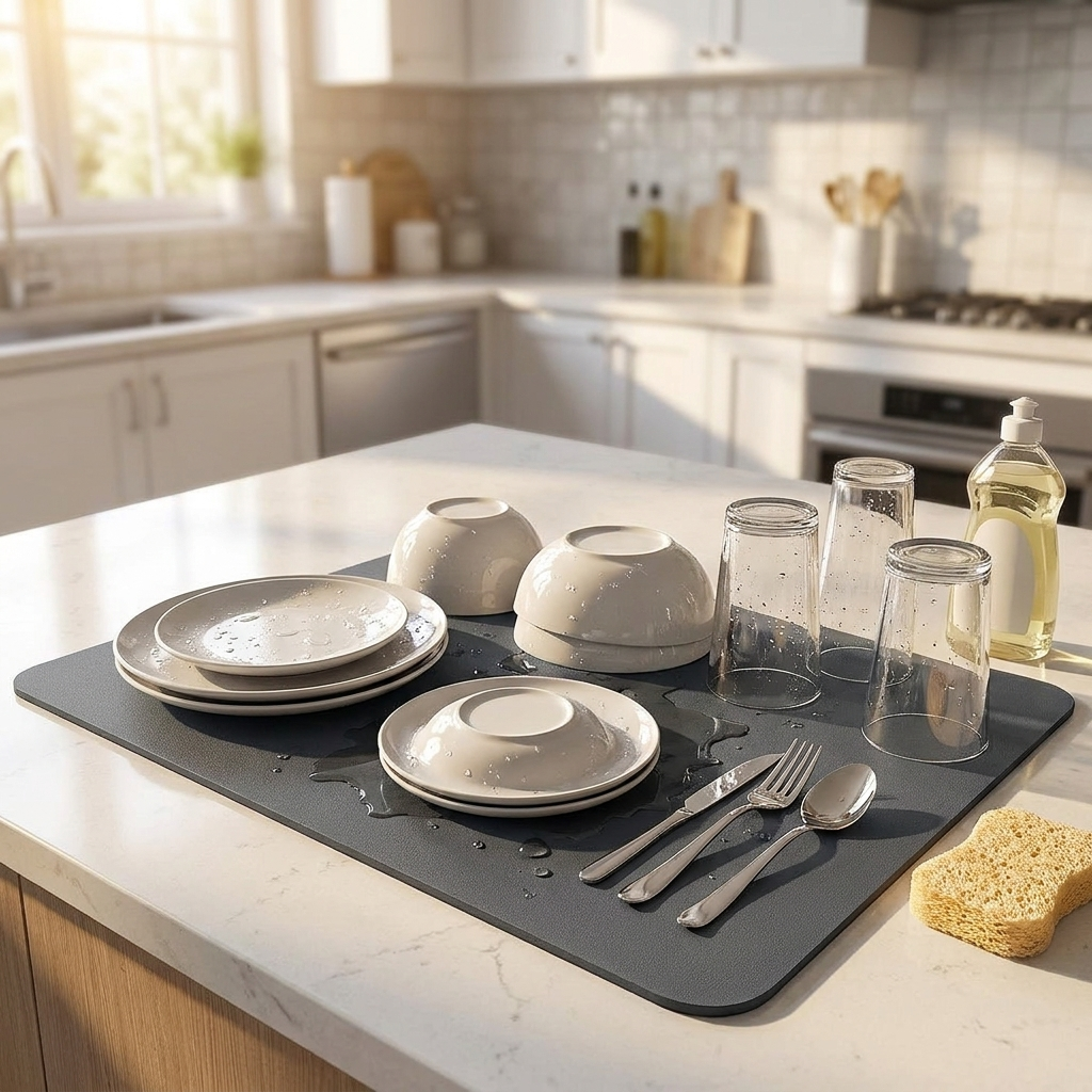 Dish drying mat with dishes on kitchen counter