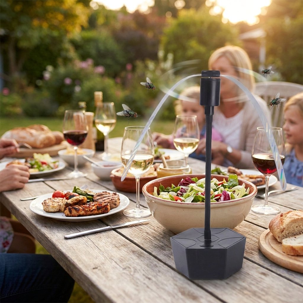 Outdoor fly repellent fan on patio dinner table