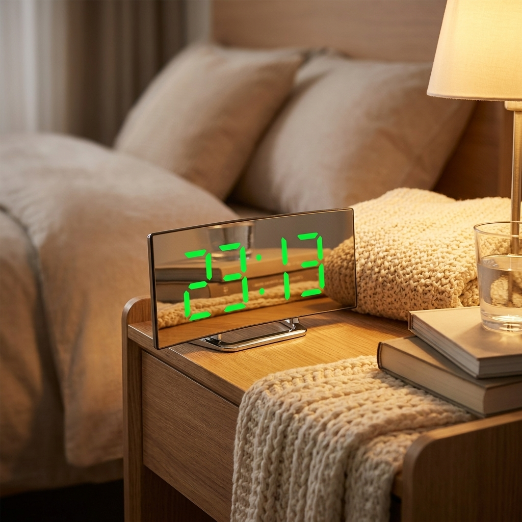 LED digital alarm clock mirror on bedside table