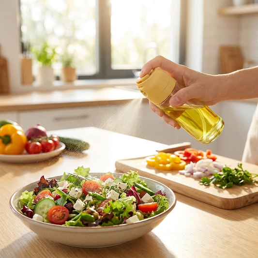 Glass oil sprayer misting olive oil onto fresh salad in modern kitchen
