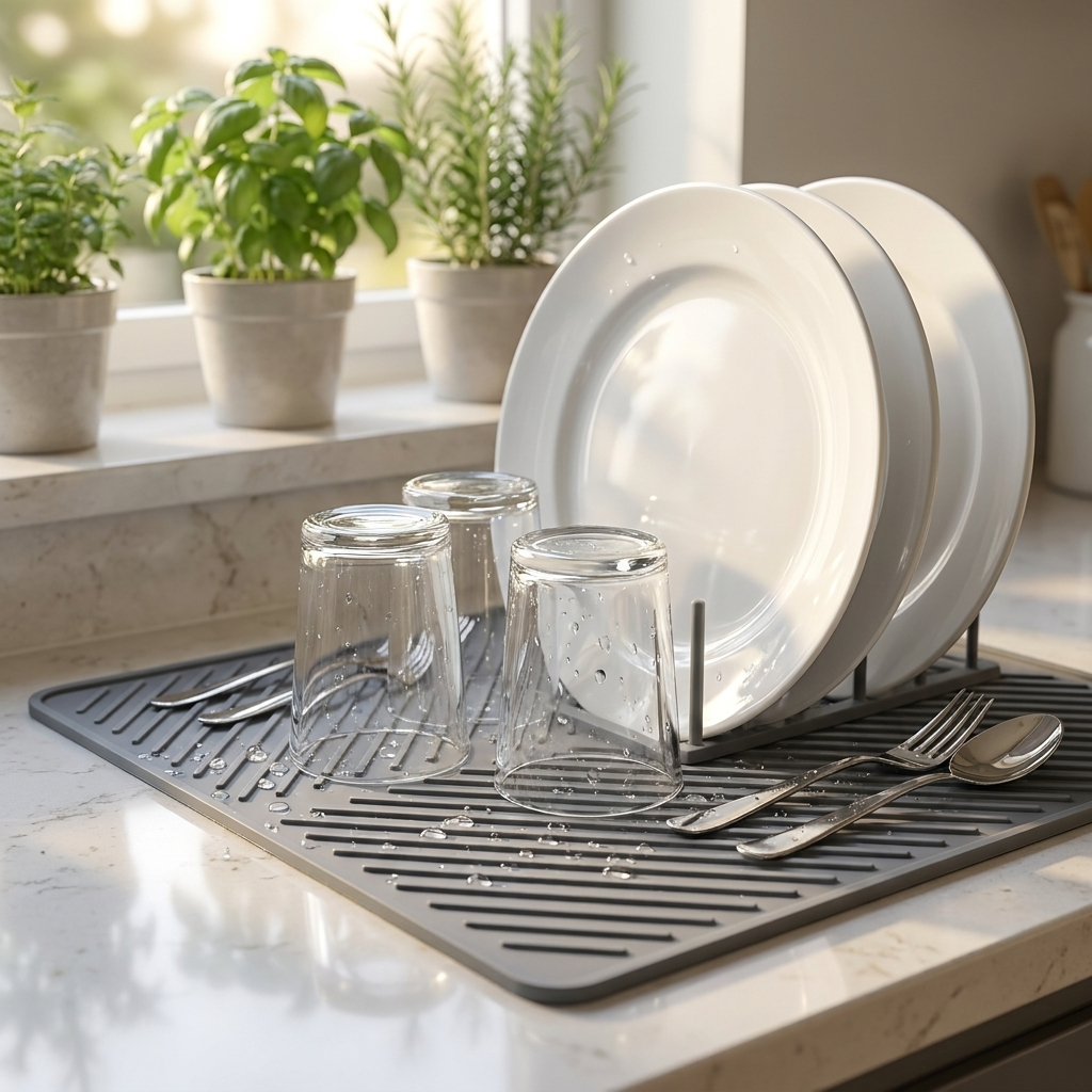 Silicone dish drying mat on counter