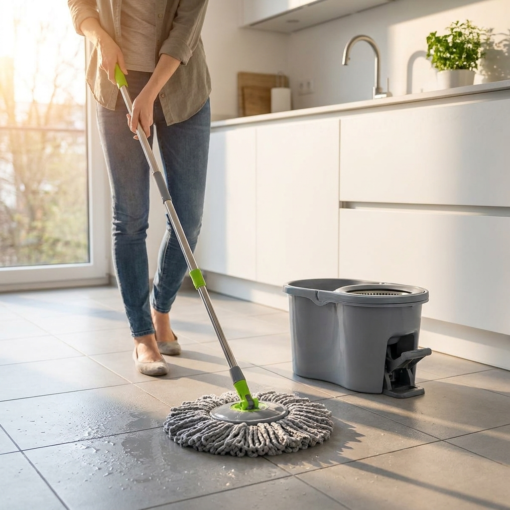 Rotating mop cleaning tile floor