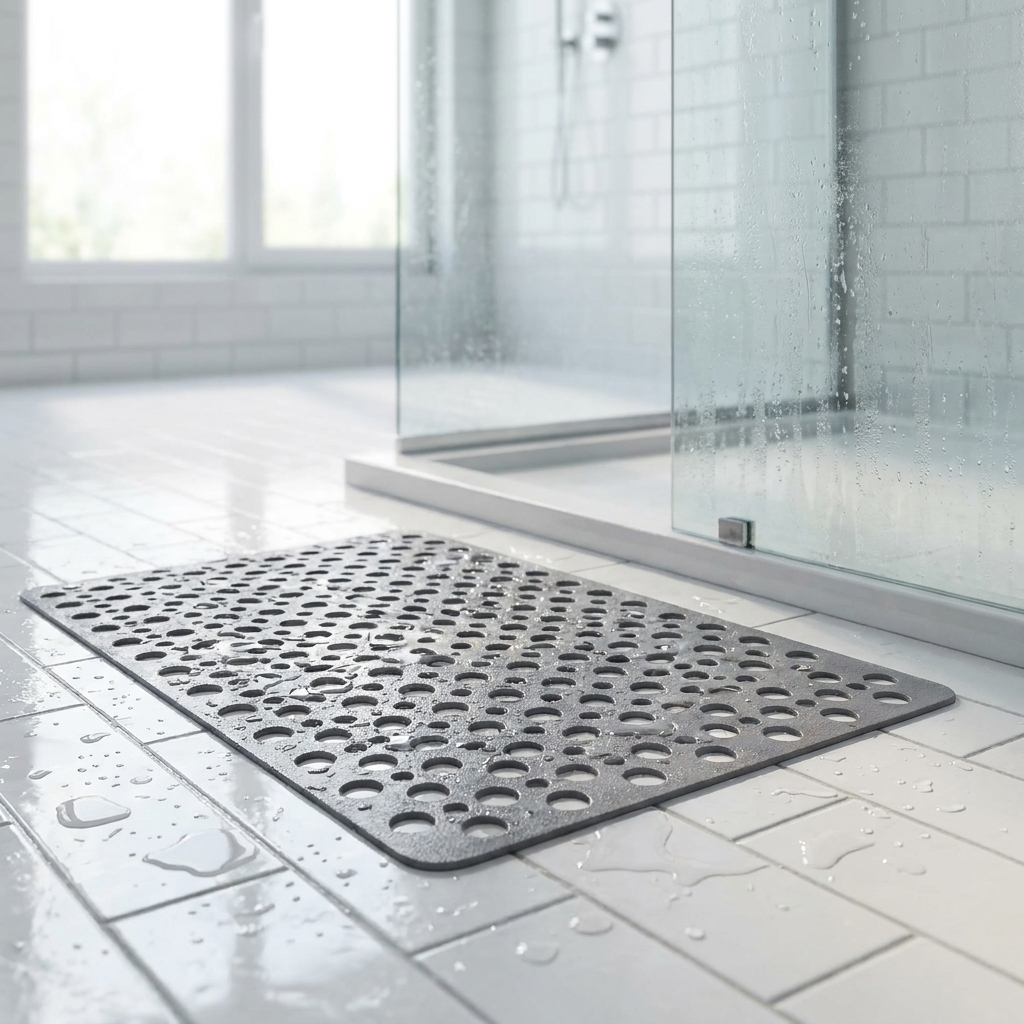Secure shower mat on the floor of a bright modern glass shower