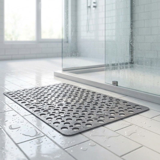 Secure shower mat on the floor of a bright modern glass shower