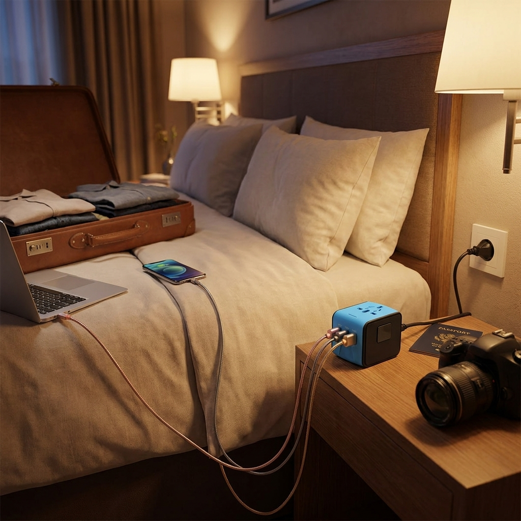 Multi-port travel adapter charging devices in hotel room