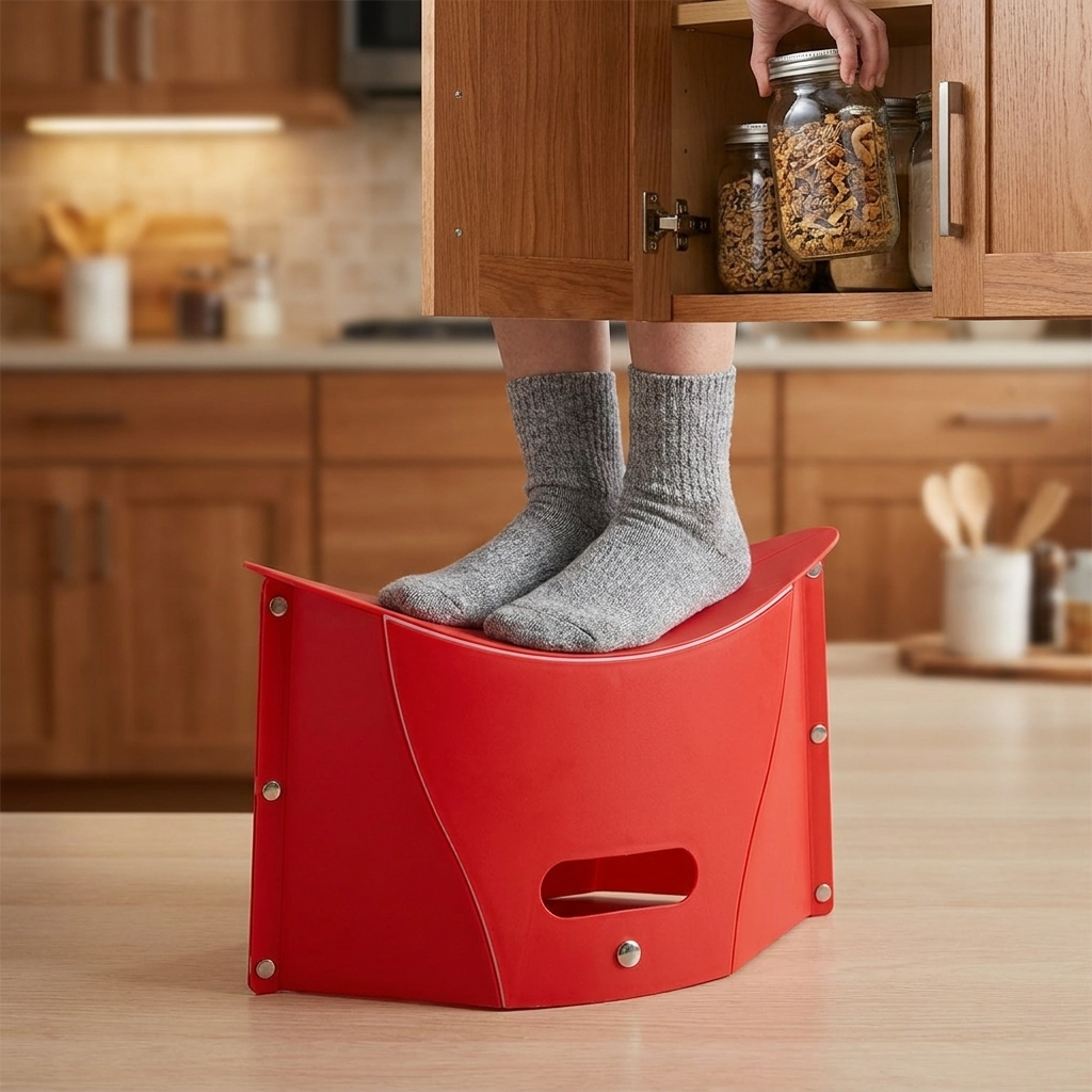 Folding step stool in kitchen