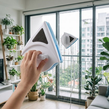 Magnetic window cleaner on apartment window
