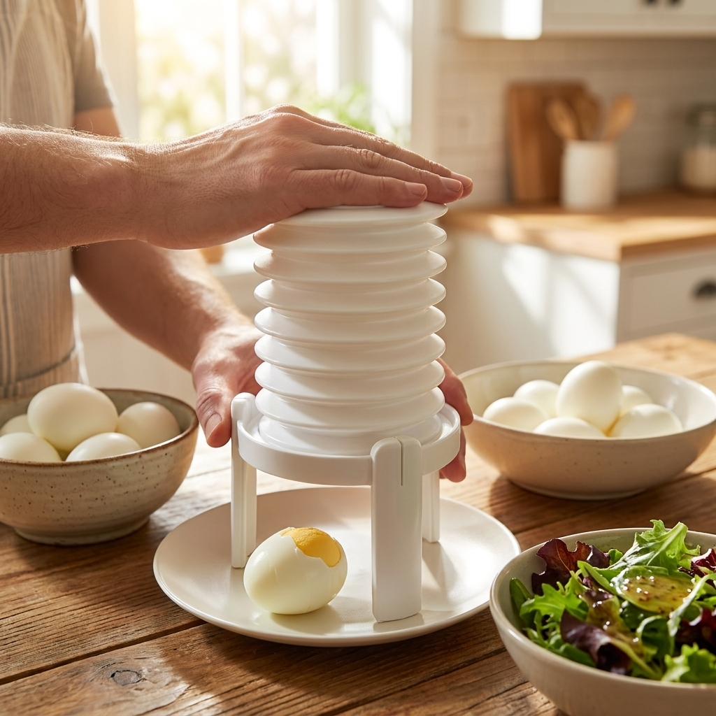 Egg peeler tool peeling a boiled egg