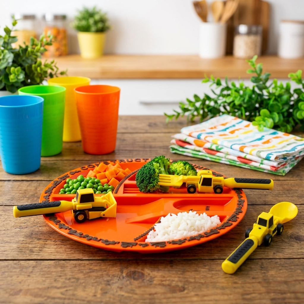 Kids construction utensil set at dinner table