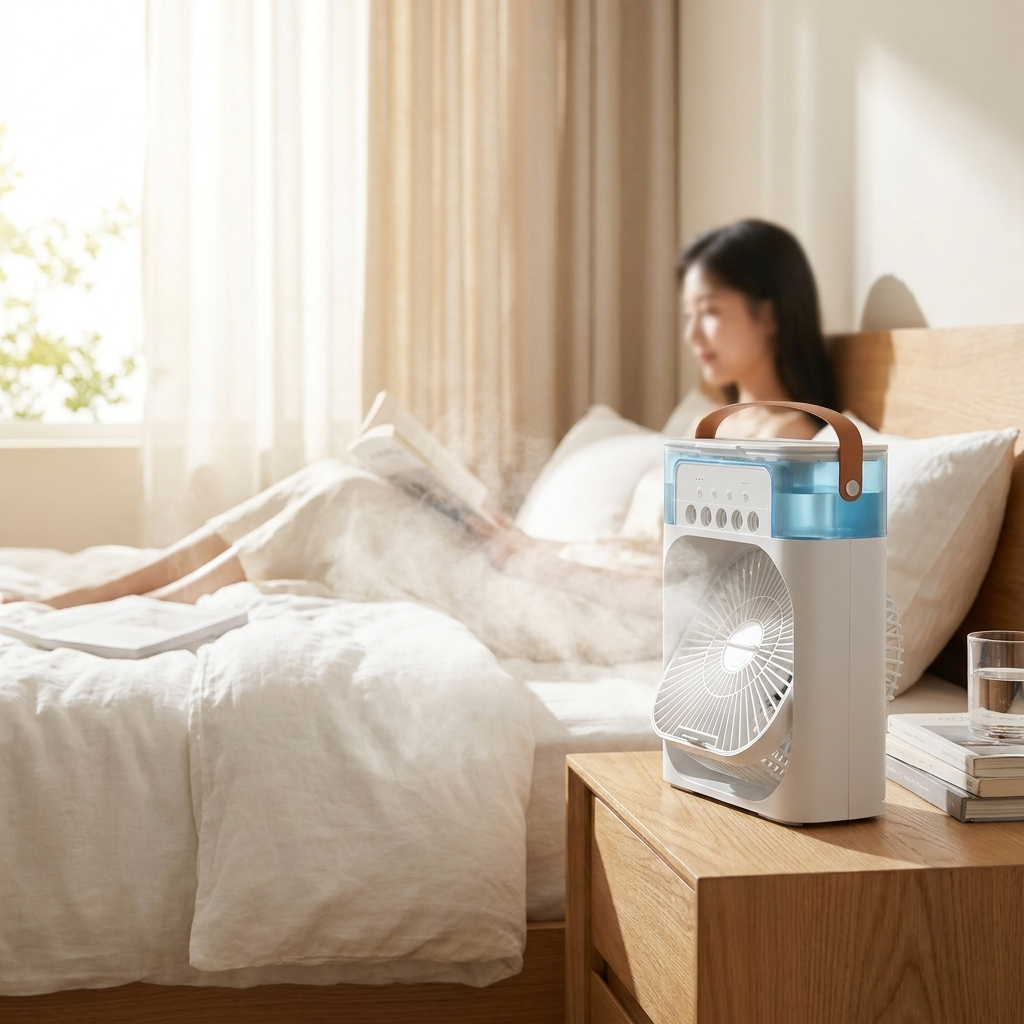 Mini air conditioner on bedside table