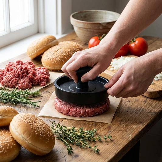 Hamburger press forming patties in home kitchen