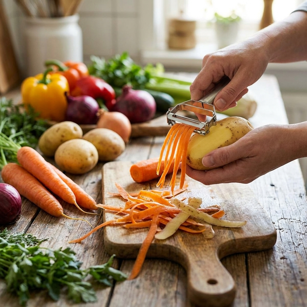 Dual blade peeler peeling vegetables in kitchen