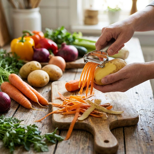 Dual blade peeler peeling vegetables in kitchen