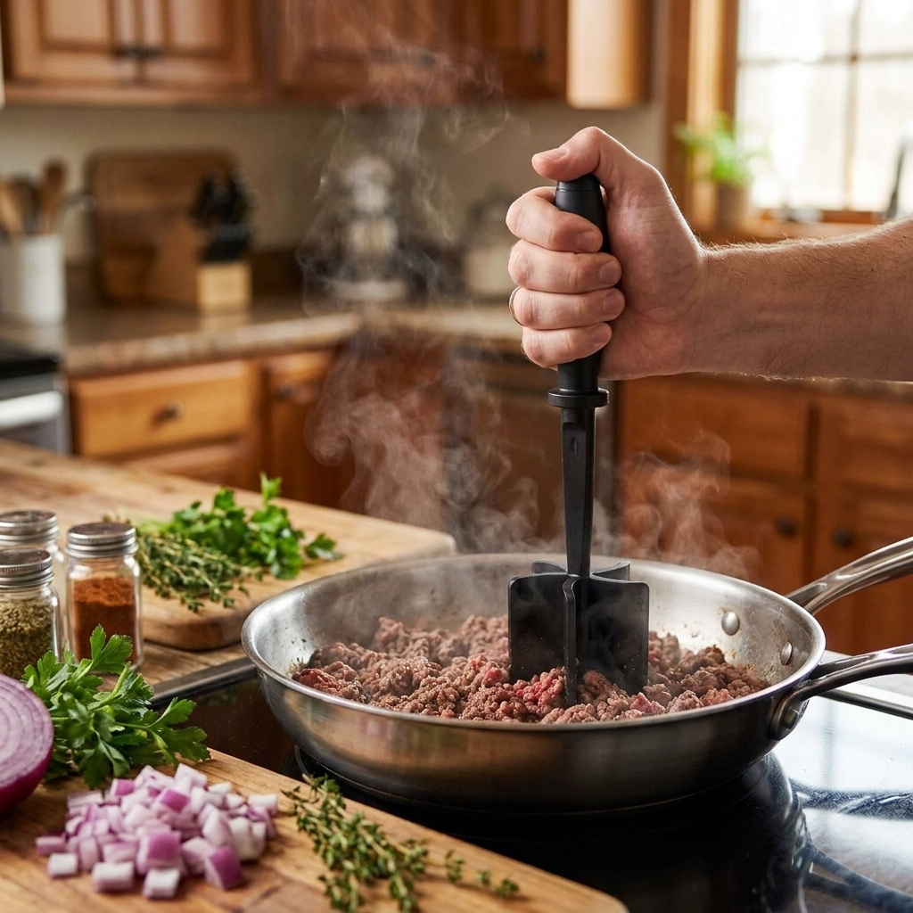 Meat chopper breaking up ground beef in skillet