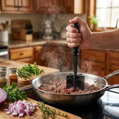 Meat chopper breaking up ground beef in skillet