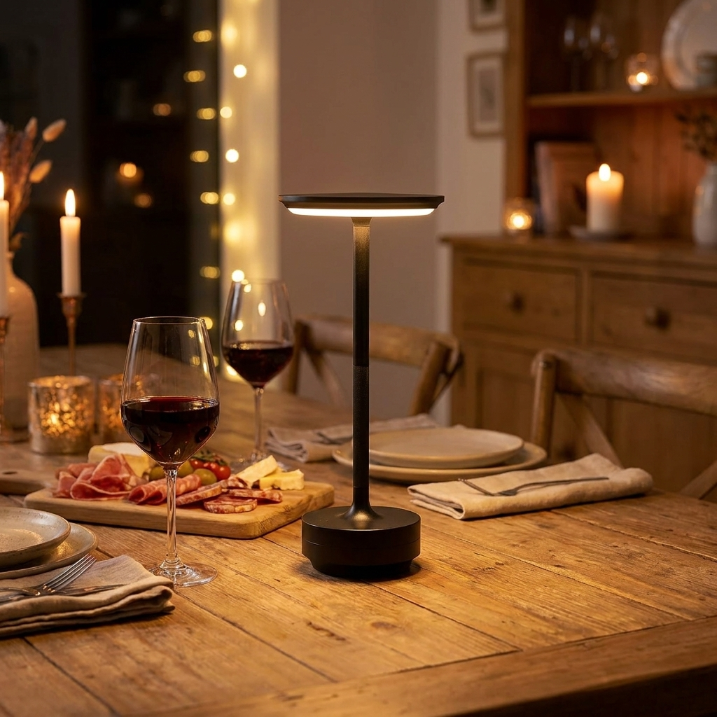Wireless rechargeable table lamp glowing on rustic dining table