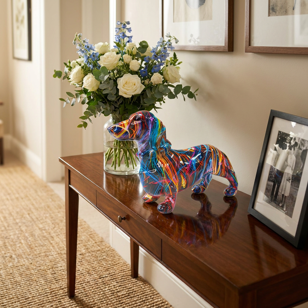 Dachshund statue on hallway table