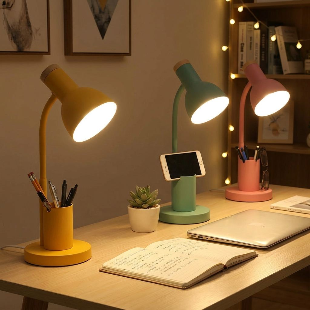 Nordic LED lamp pen holder on a desk