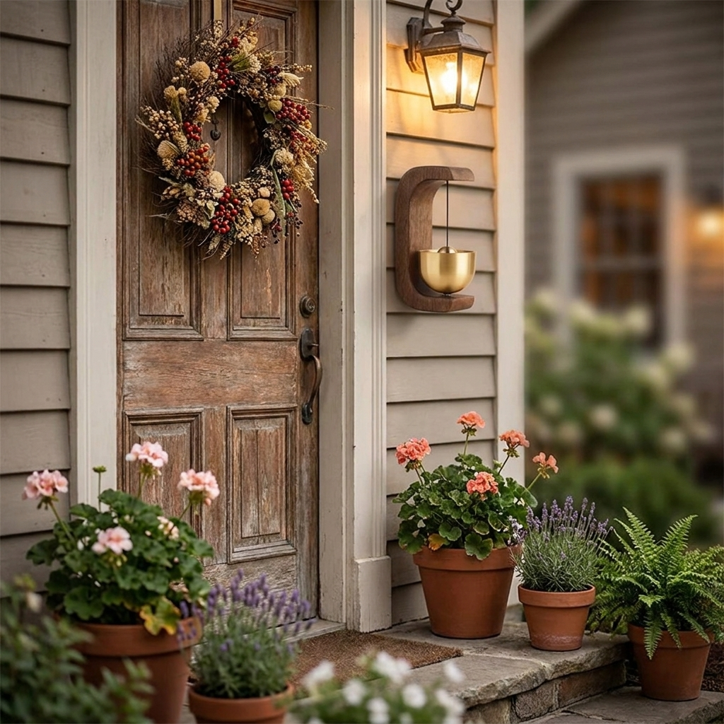 Wireless brass door chime by rustic entrance